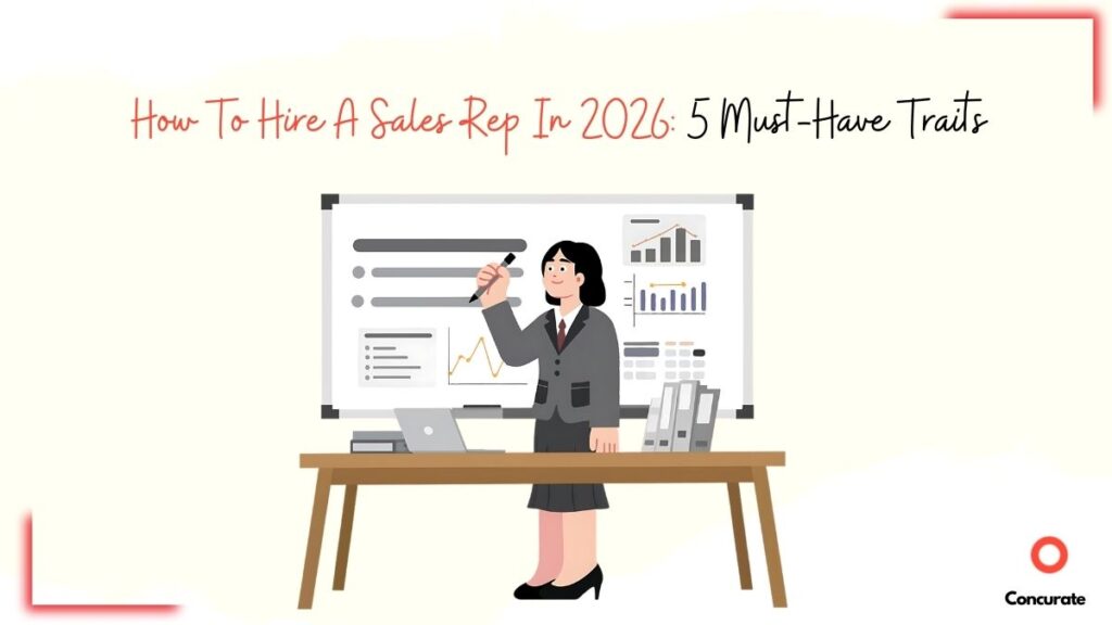 How to hire a sales rep illustration with businesswoman presenting charts on whiteboard and Concurate logo for 2026