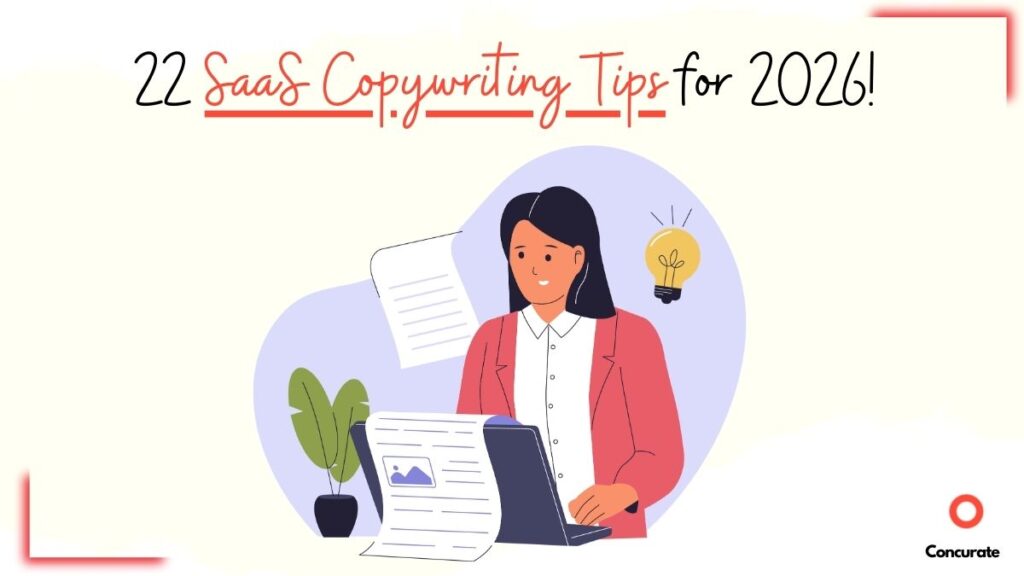 Illustration of SaaS Copywriting Tips with woman writing on laptop, light bulb idea, and Concurate logo for 2026