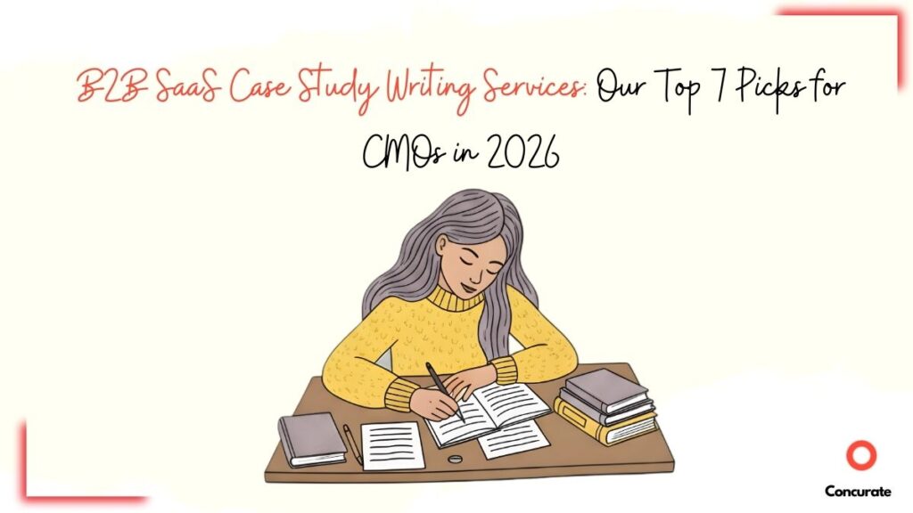 Case study writing services illustration with woman writing notes at desk surrounded by books and documents