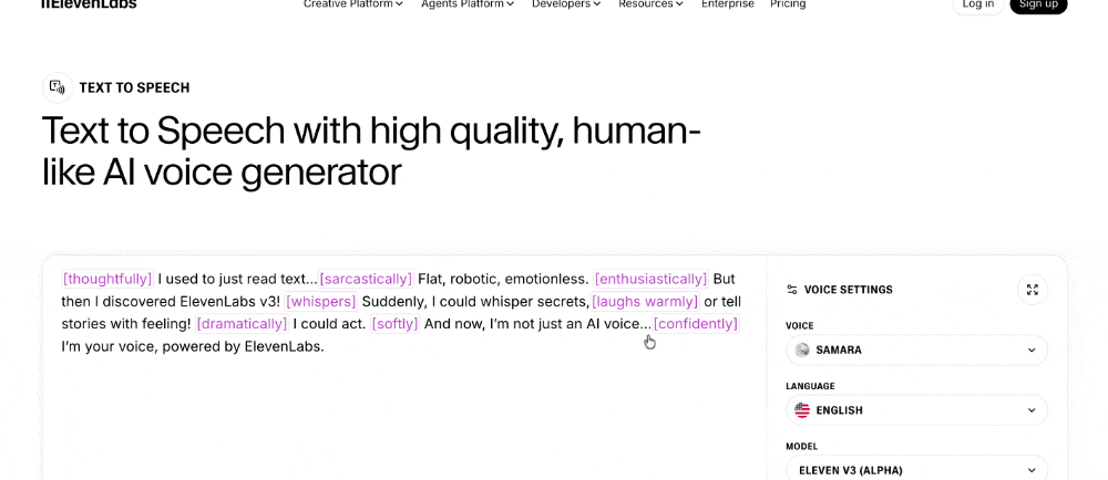 A gif showing ElevenLab's programmatic seo strategy for text-to-speech hub page.
