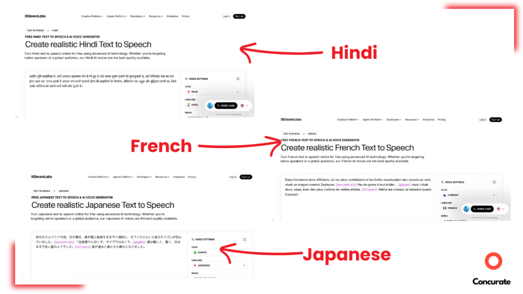 An image showing the different language-specific text-to-speech pages ElevenLabs has created.
