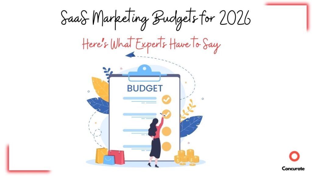 SaaS Marketing Budgets 2026 illustration with checklist clipboard, marketer marking approvals, shopping bags and stacked coins