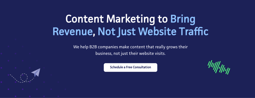 Hero banner promoting B2B SaaS content marketing services with a message about driving revenue and a button to schedule a free consultation.