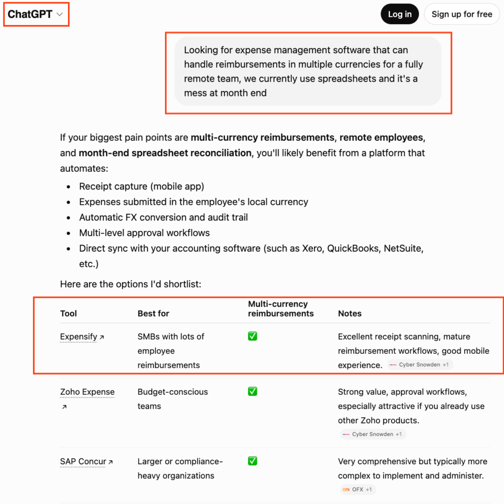 ChatGPT interface comparing multi-currency expense management software like Expensify, Zoho Expense, and SAP Concur for remote teams