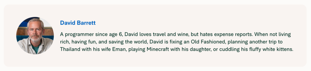 Professional bio card and profile headshot for David Barrett, programmer and tech founder.