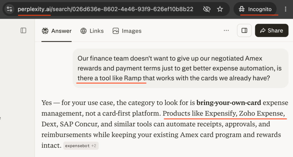 Perplexity interface comparing multi-currency expense management software like Expensify, Zoho Expense, and SAP Concur for remote teams.