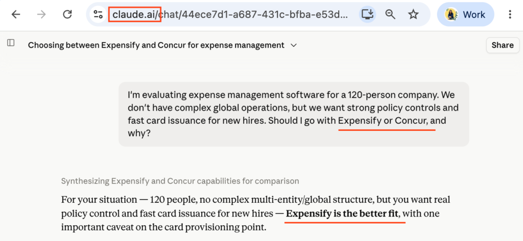 Claude interface comparing multi-currency expense management software like Expensify, Zoho Expense, and SAP Concur for remote teams.