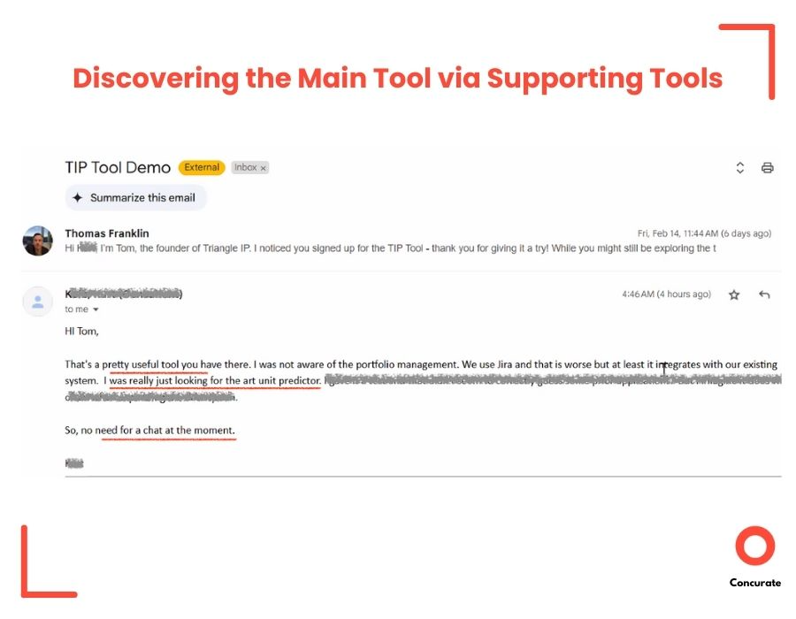 Screenshot of an email exchange discussing the discovery of a main tool through supporting tools, highlighting user interest in a specific feature.