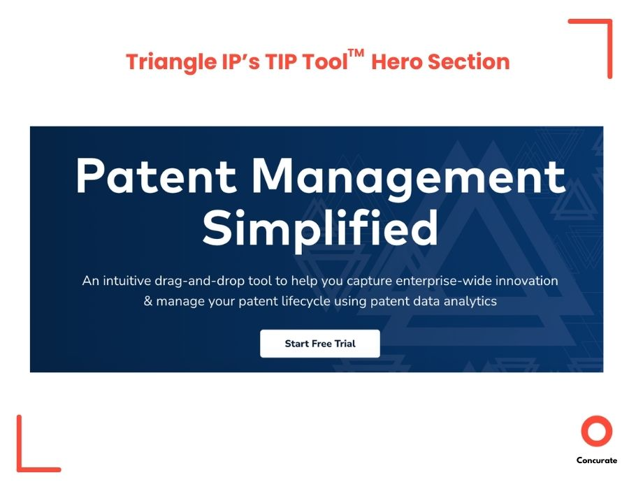 Hero section of a patent management software page used in B2B SaaS content marketing, featuring a call-to-action for a free trial.