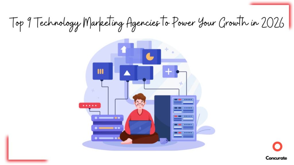 Technology marketing agency illustration with marketer using laptop beside servers and analytics dashboard graphics