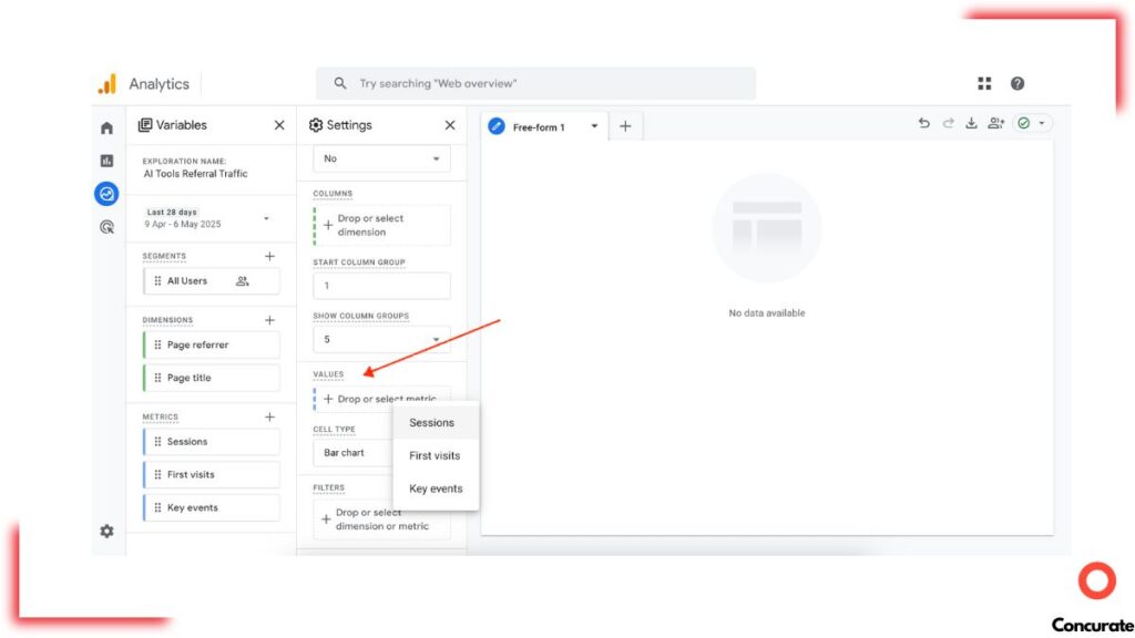 Under 'Values,' select (or drag) Sessions, First visits, Key Events, and anything else you added earlier. This is How to See If AI Tools Are Driving Traffic to Your SaaS Website