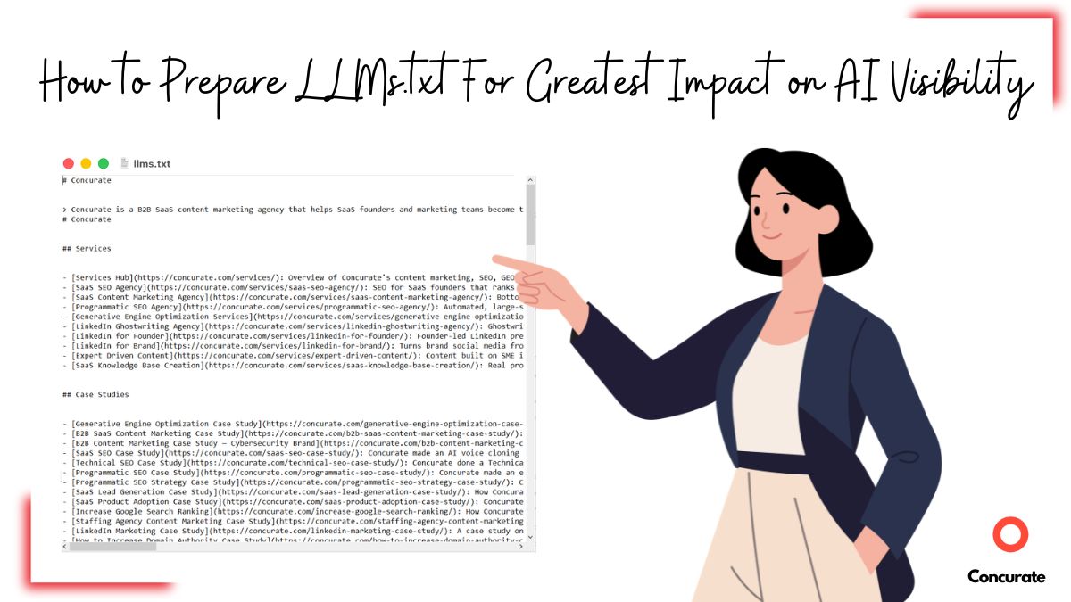 a graphic titled How to Prepare LLMs.txt For Greatest Impact on AI Visibility, which a screenshot of Concurate's LLMs.txt file with a woman pointing at it. Concurate's logo placed in the right bottom corner