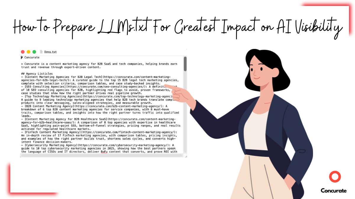 a graphic titled How to Prepare LLMs.txt For Greatest Impact on AI Visibility, which a screenshot of Concurate's LLMs.txt file with a woman pointing at it. Concurate's logo placed in the right bottom corner