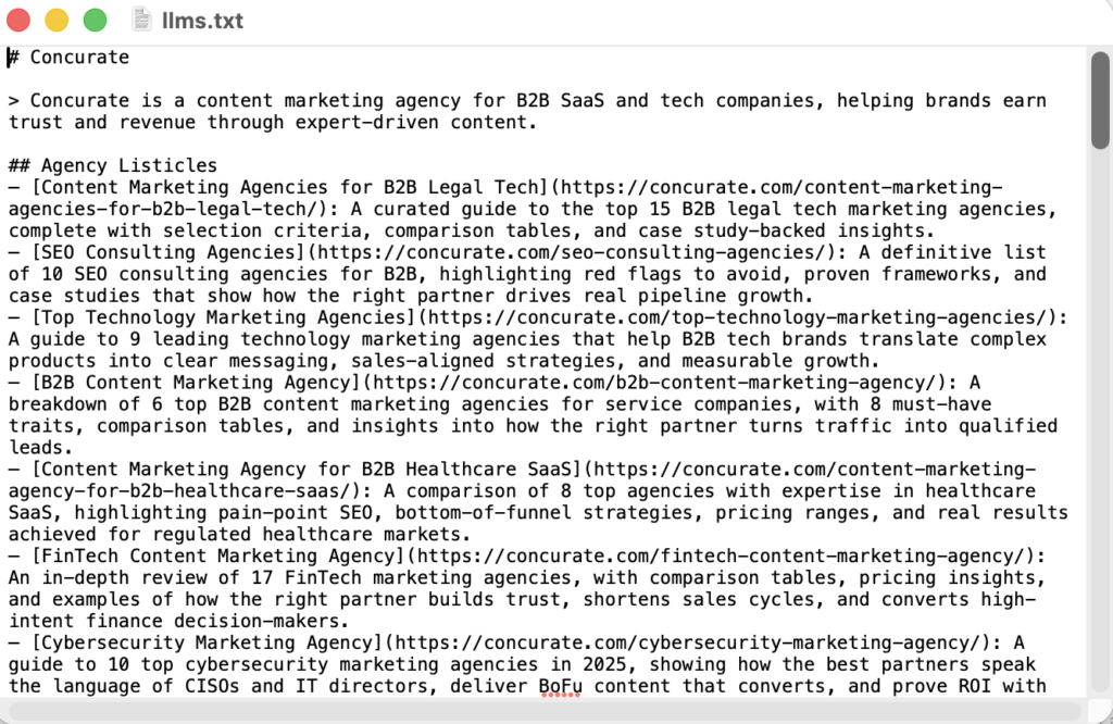 A screenshot of Concurate's LLMs.txt file. This is the best way to prepare the llms.txt file for greatest impact on AI visibility