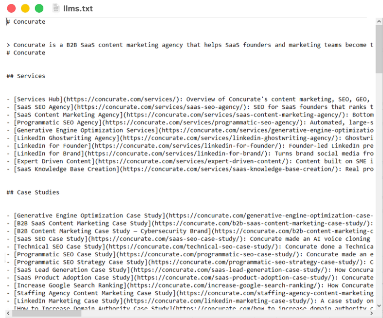 A screenshot of Concurate's LLMs.txt file. This is the best way to prepare the llms.txt file for greatest impact on AI visibility