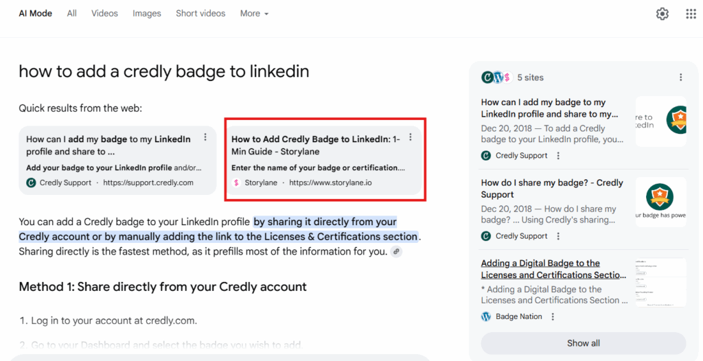 How storylane ranks for queries like how to add credly badge to linkedin