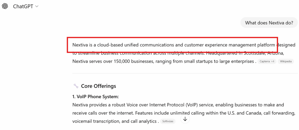 ChatGPT summarizing Nextiva as an all-in-one communications platform for businesses.