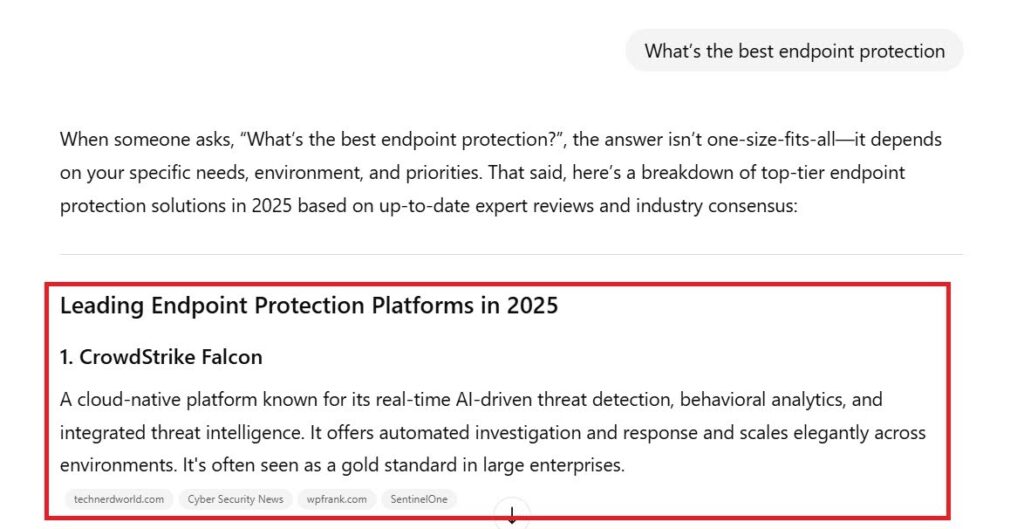 Crowdstike showing as best endpoint protection platform on ChatGPT