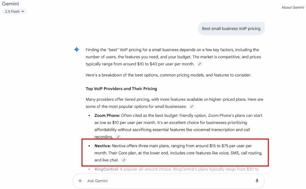 Gemini AI surfacing Nextiva’s pricing information in response to a small business VoIP query.