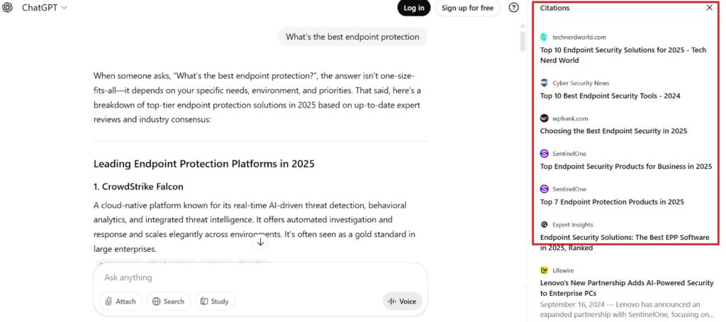 CrowdStrike cited across multiple sources in ChatGPT’s answer for best endpoint protection