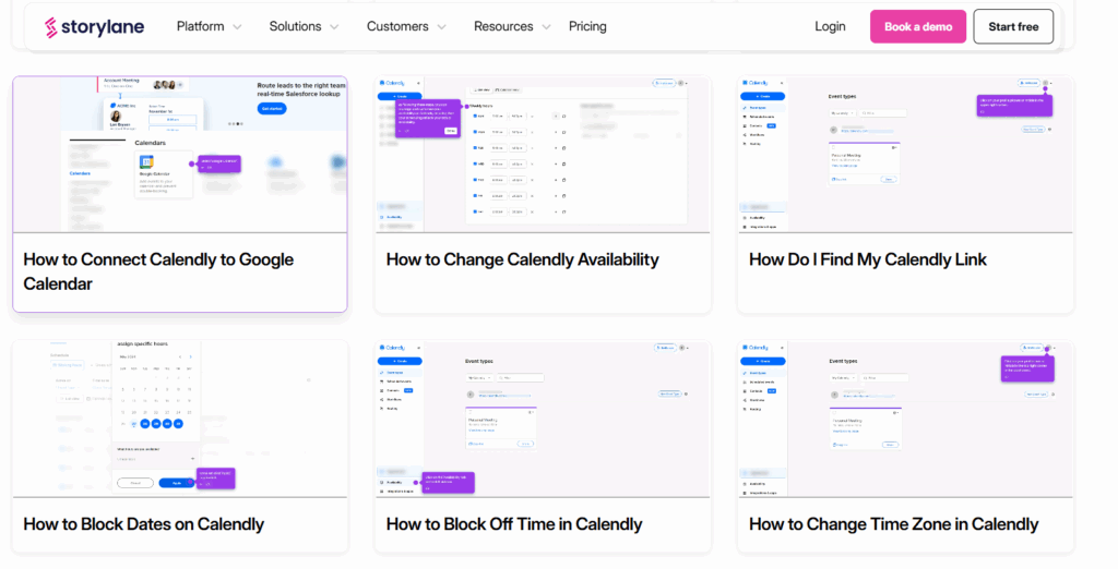 Storylane tutorials. Image displays calendly tutorials