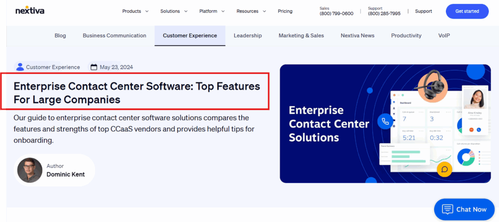 Nextiva's page targeting large enterprises for contact center software with tailored features.