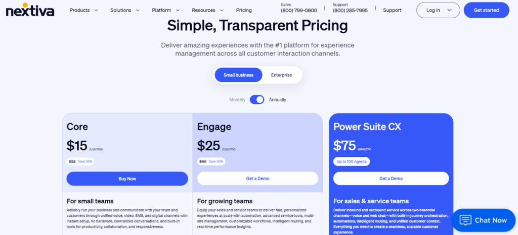Nextiva pricing page with clear plan tiers and feature breakdowns for business communication solutions.