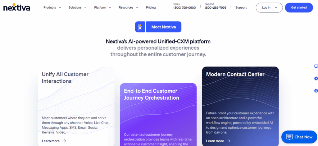 Nextiva product page showing unified communication features in a clean feature grid.