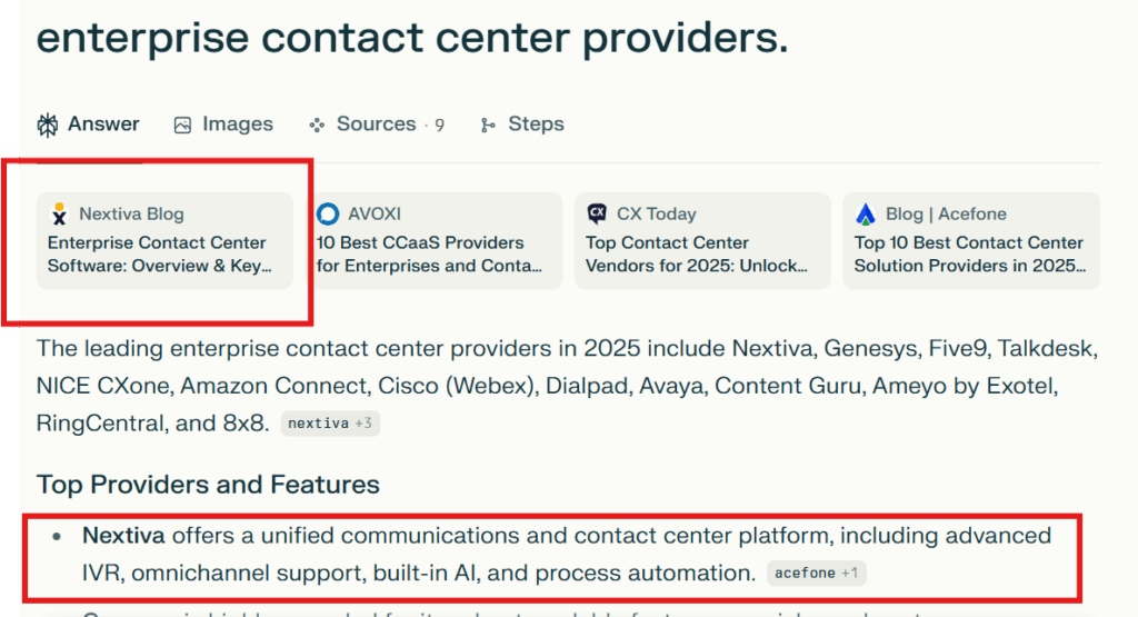 Perplexity highlighting Nextiva’s enterprise contact center page for a high-intent enterprise query.
