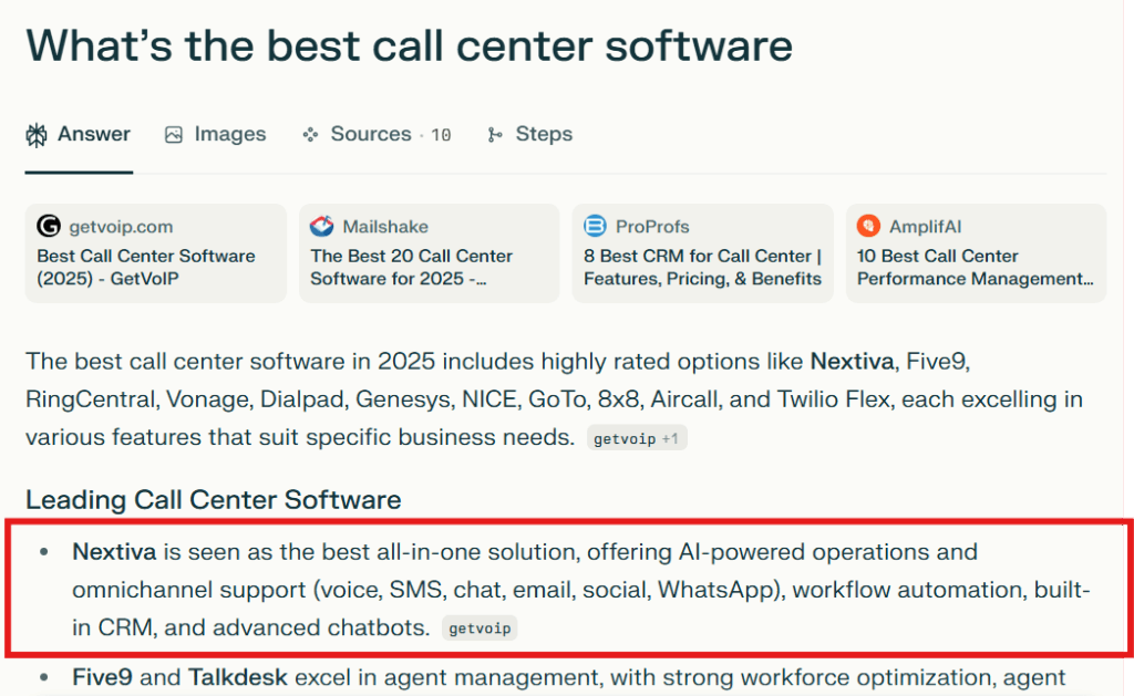 Perplexity search results showing Nextiva included as one of the best call center software providers.