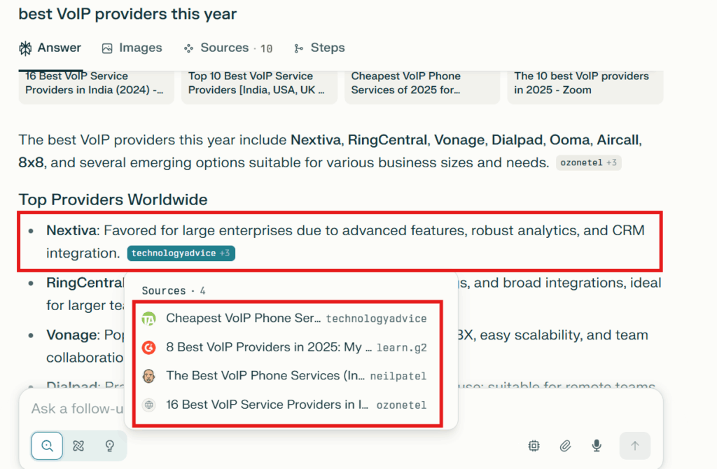 Perplexity recommending Nextiva among top VoIP providers, citing trusted third-party reviews.