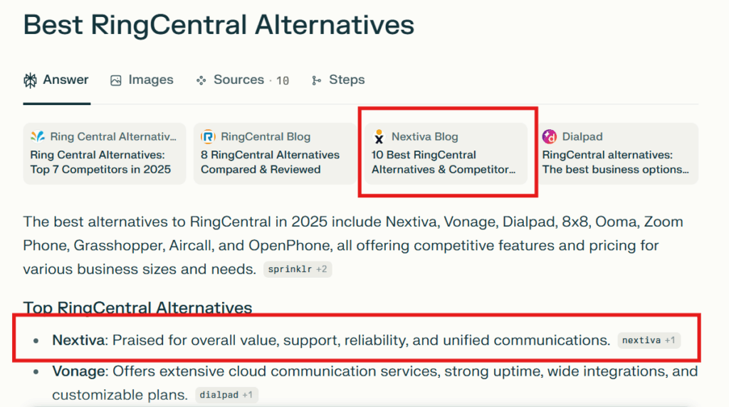 Perplexity displaying RingCentral alternatives, with Nextiva at the top of the list.
