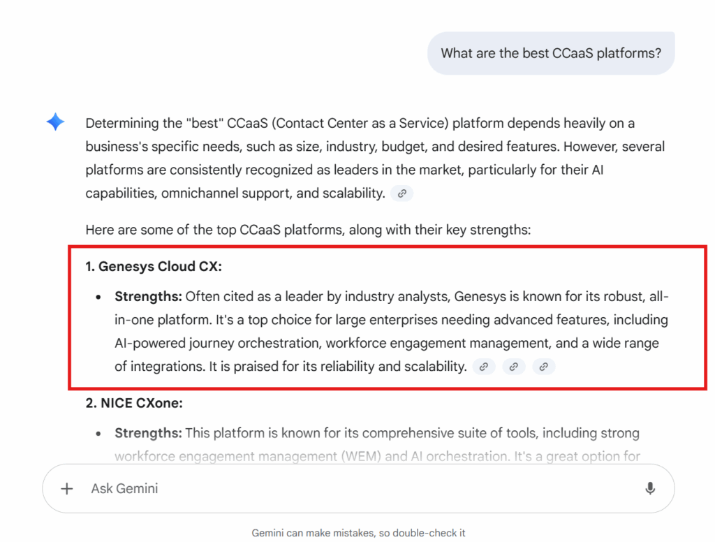 Genesys surfaces in Gemini's answer to ‘best CCaaS Platforms’