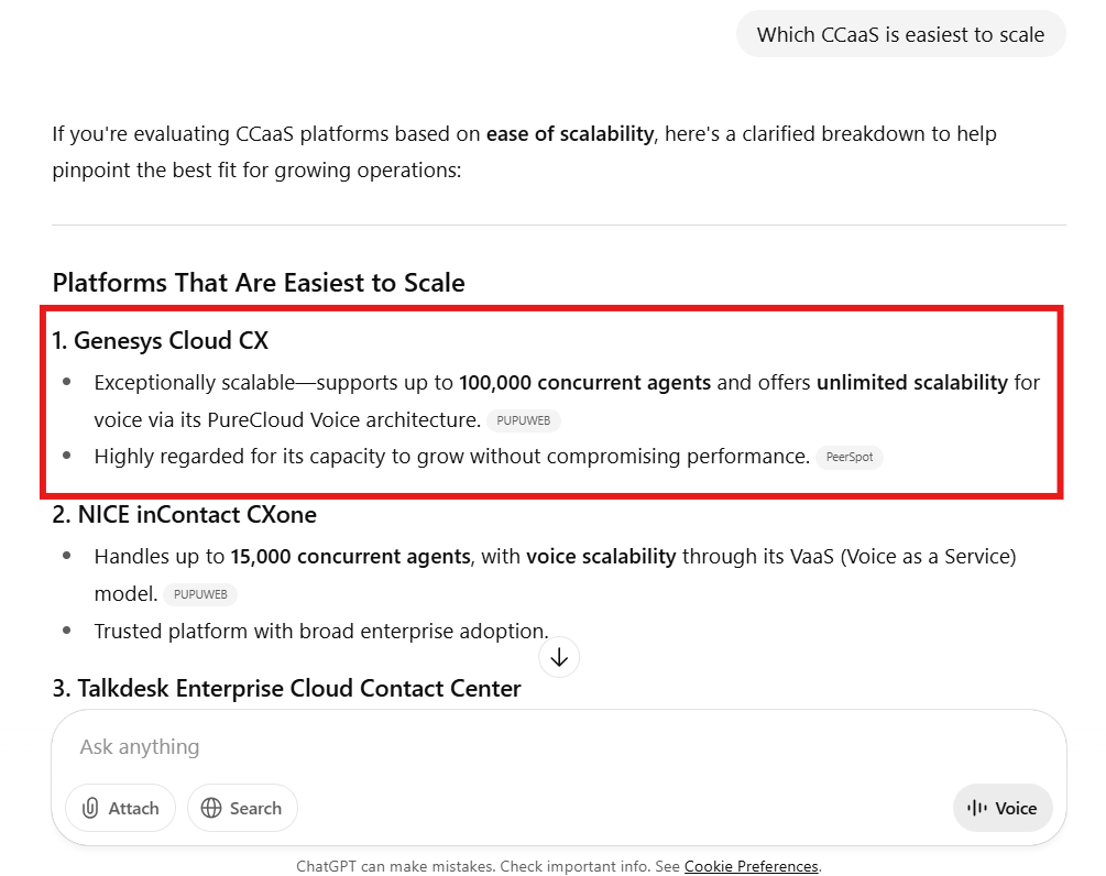 Genesys surfaces in ChatGPT's answer for ‘Which CCaaS is easiest to scale’