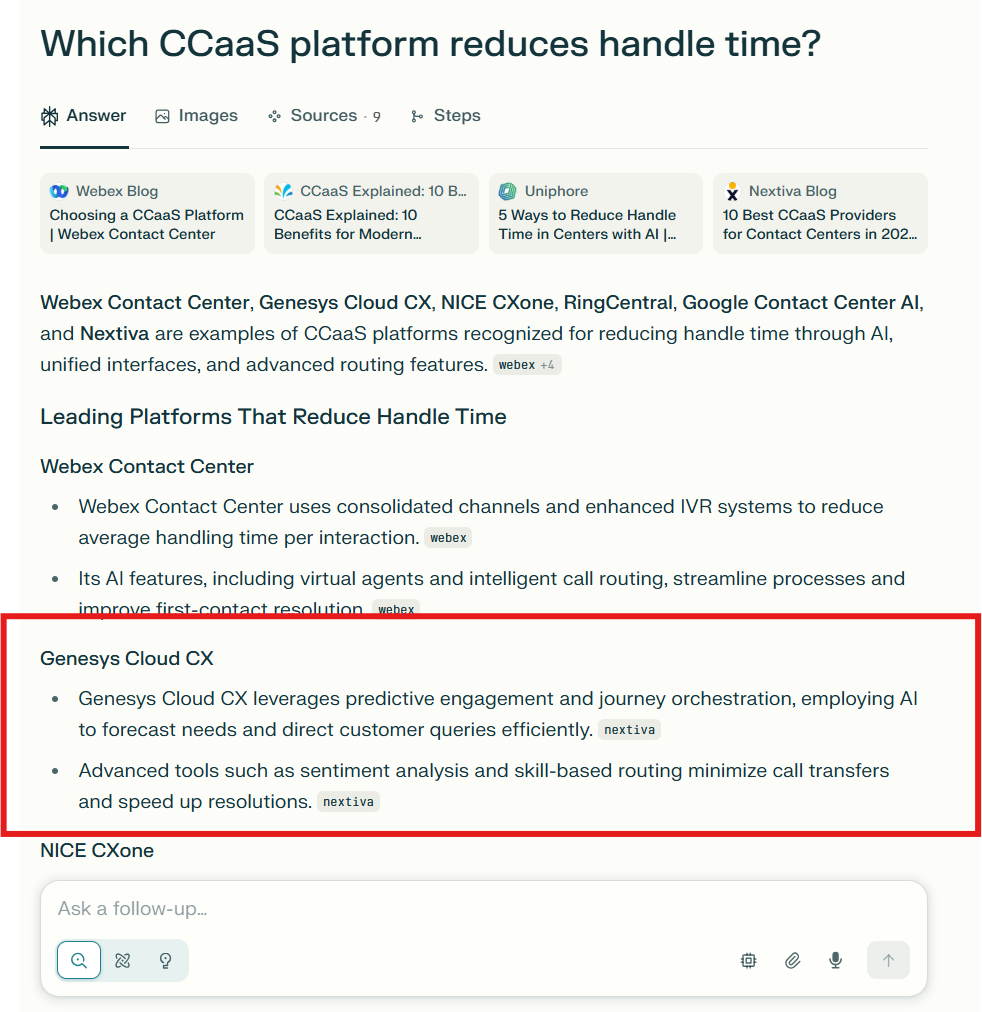 When asked Perplexity ‘Which CCaaS platform reduces handle time?’, Genesys shows up, not by accident, but through engineered signal density.