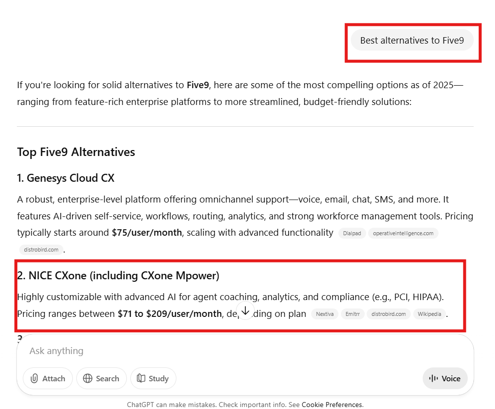 Nice CXone surfaces in ChatGPT's answer to “best alternatives to Five9”’