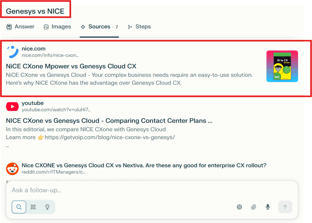 Nice CXone’s competitor page cited as a source in Perplexity when asked “Genesys vs NICE”