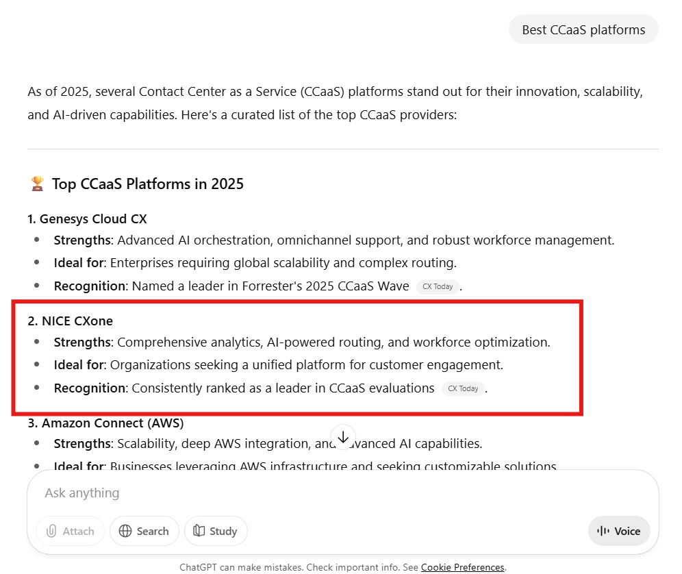 Nice CXone appearing in ChatGPT search results as one of the best CCaaS platforms