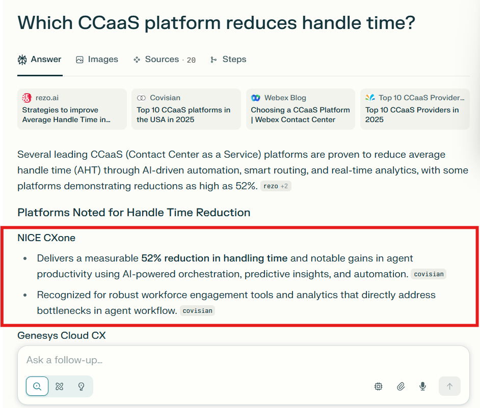 Nice CXone appearing in ChatGPT search results when asked about reduced handle time