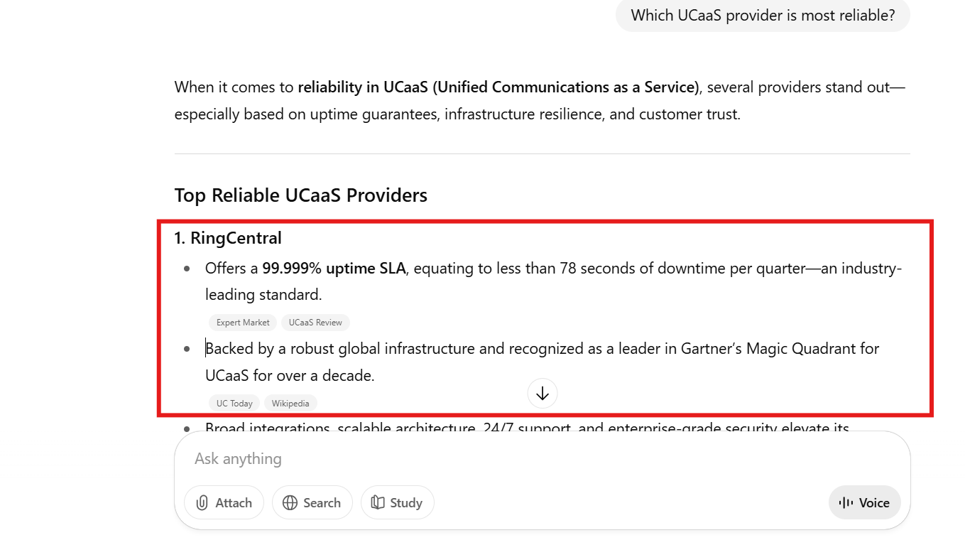 ChatGPT result showing RingCentral in AI answers for “Which UCaaS provider is most reliable?”