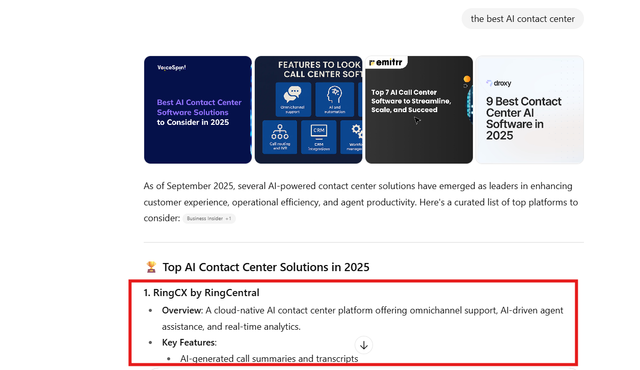 ChatGPT result showing RingCentral in AI answers for “best AI contact center”