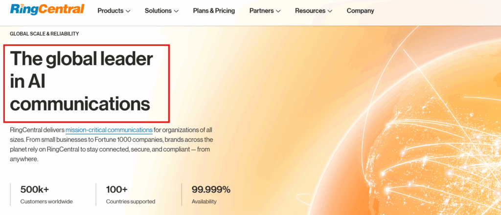 RingCentral homepage calling itself the global leader in AI communications