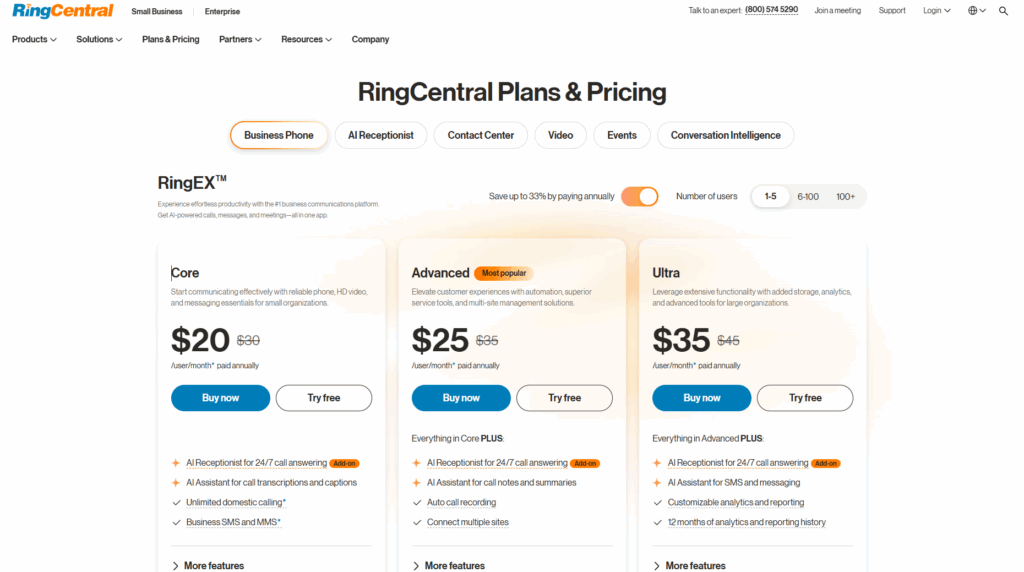 RingCentral pricing page highlighting AI features like transcription and call insights