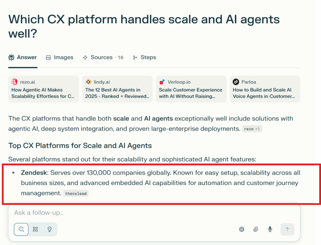 Zendesk appearing at the top in Perplexity results for the query “Which CX platform handles scale and AI agents well?”