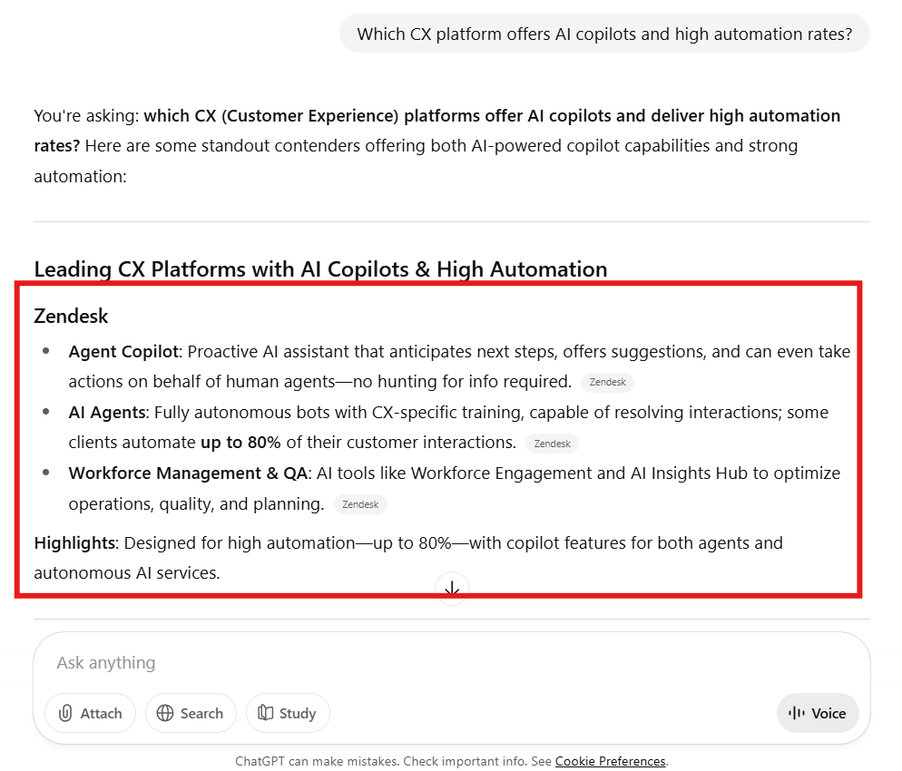 Zendesk mentioned at the top in ChatGPT results for queries around AI copilots and automation.