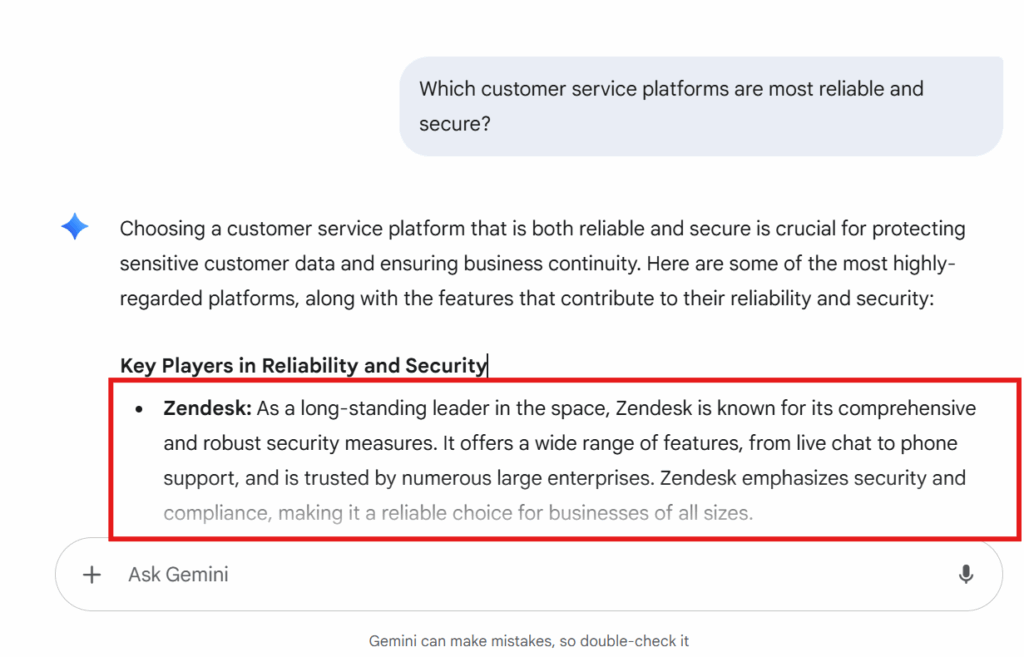 Zendesk highlighted in Gemini results for queries around secure and compliant CX platforms.