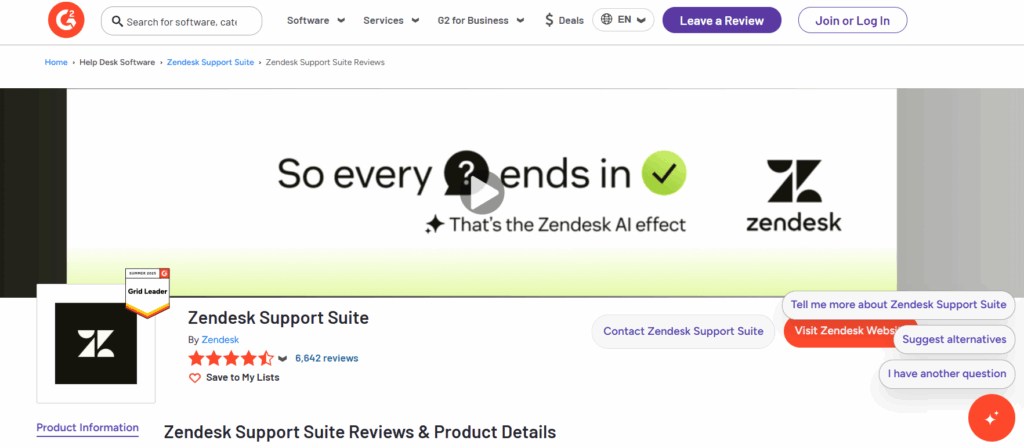 Zendesk Support Suite featured on G2 as a category leader, with thousands of customer reviews reinforcing its market credibility.