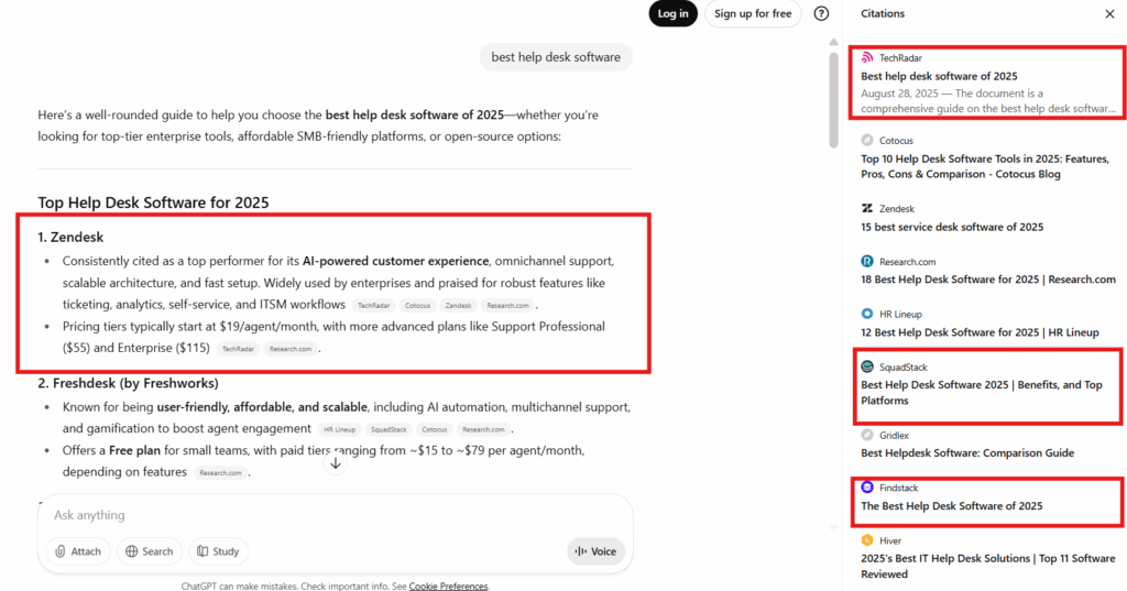 Zendesk ranked as a top CX platform in AI search results, backed by third-party mentions from sites like TechRadar and SquadStack.