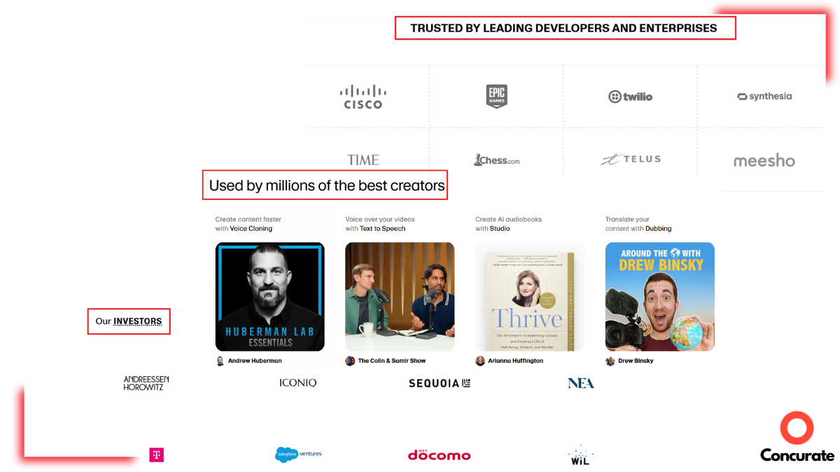 Elevenlabs wesbite homepage trust signals for product adoption