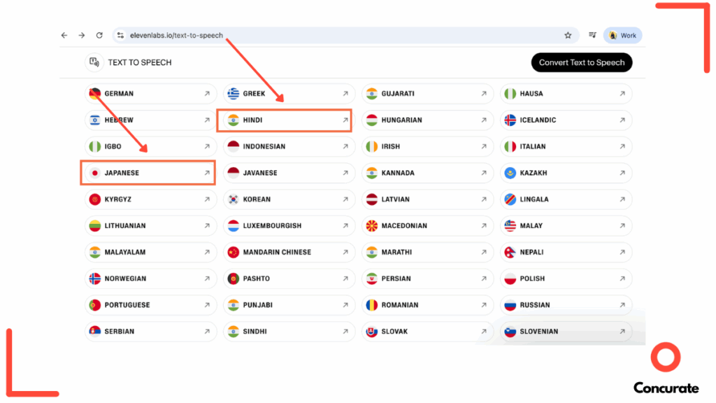 Screenshot of the ElevenLabs text-to-speech webpage showing a grid of language options such as Hindi and Japanese highlighted with red arrows and boxes.